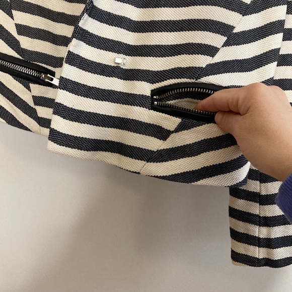 Maje Jacket Womens Small Gray Cream Cotton Striped Cropped Blazer Leather Trim - Picture 8 of 14